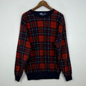 Vintage Polo Ralph Lauren Sweatshirt Mens Medium Red Blue Tartan Plaid Fleece